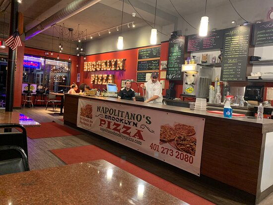 Interior counter at Napolitano’s Brooklyn Pizza in Cranston