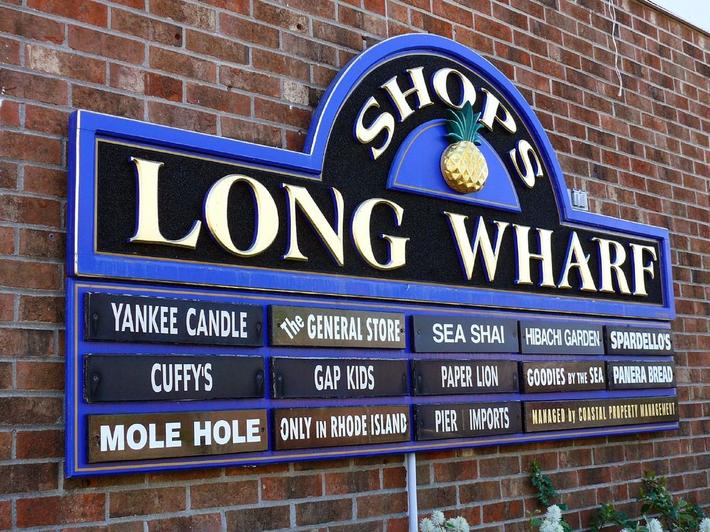 Directory sign for the Shops at Long Wharf in Newport