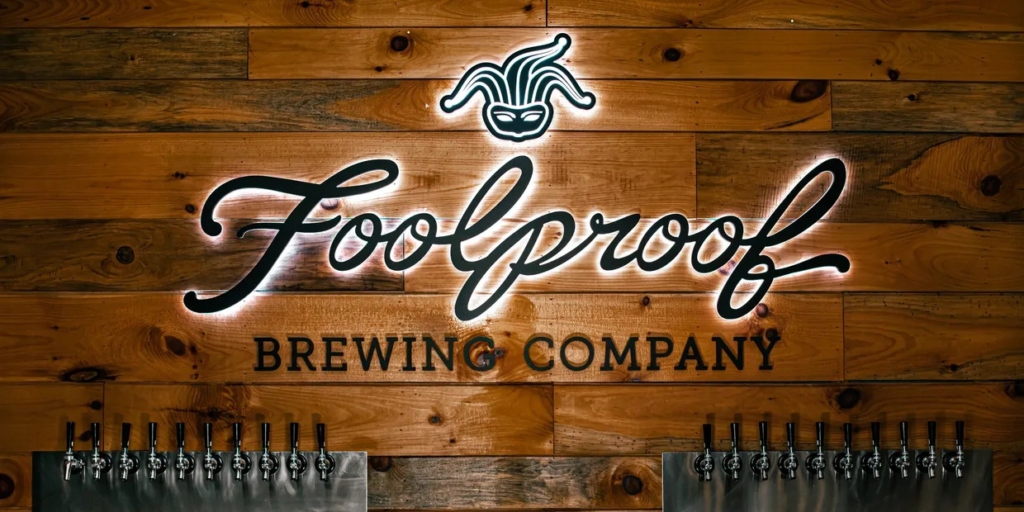Foolproof Brewing Company sign above the taproom