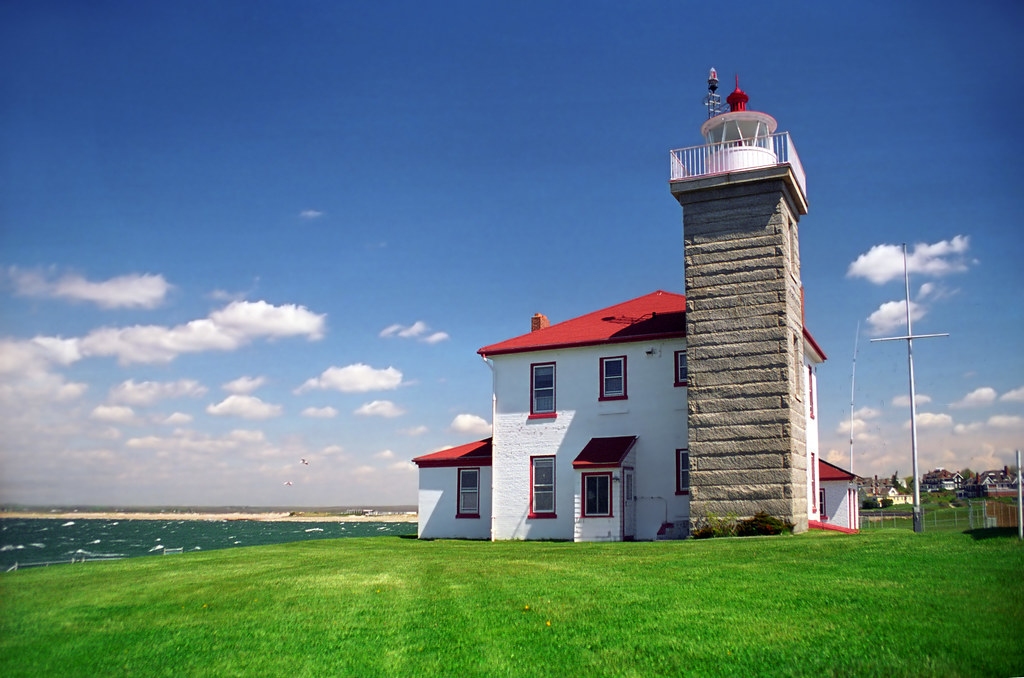 Watch Hill Lighthouse overlooking the coast in Westerly