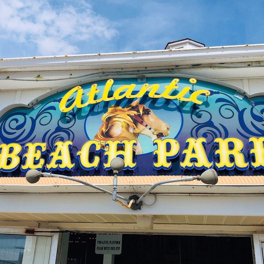 Atlantic Beach Park sign above the amusement park entrance