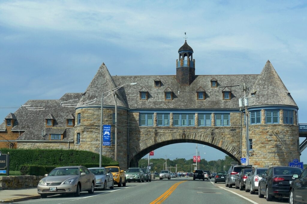 The historic Narragansett Towers spanning Ocean Road