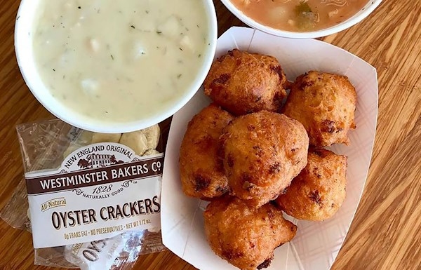 Rhode Island clam cakes served with chowder and oyster crackers