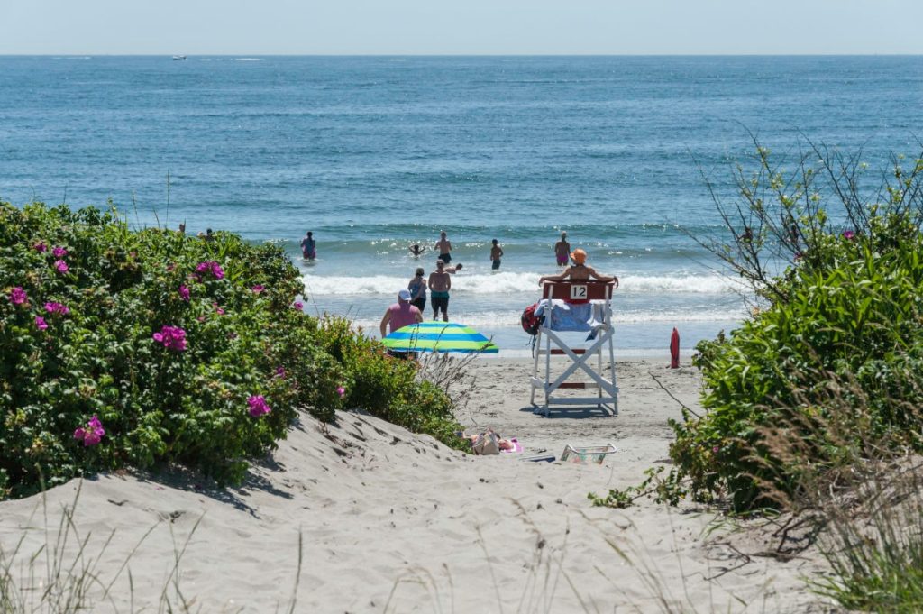 Beachgoers entering the water at Salty Brine State Beach