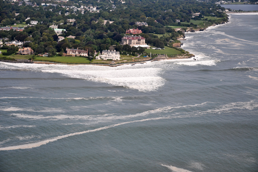 Aerial view of the Ruggles surf break along Newport cliffs
